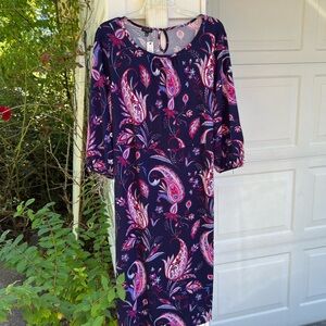 NWT Talbots Pretty Navy Multicolored Paisley 3/4 Sleeve MIDI Dress
